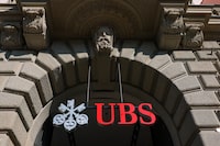 A logo of Swiss bank UBS on a building at the Paradeplatz in Zurich, Switzerland, March 19, 2026. REUTERS/Denis Balibouse