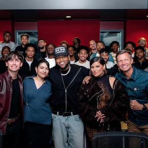 Boi-1da, Nelly Furtado and Alessia Cara pose with members of Canada's men's national soccer team in this undated handout photo. THE CANADIAN PRESS/Handout - Canada Soccer(Mandatory Credit)