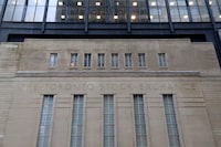 The Art Deco facade of the original Toronto Stock Exchange building is seen on Bay Street in January of 2019.   