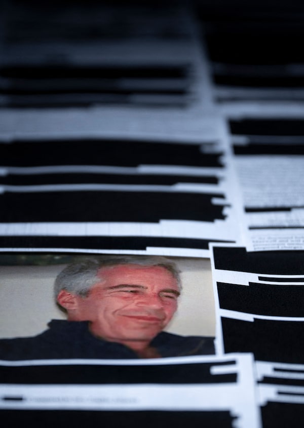 A photo of Jeffery Epstein and redacted documents from the Epstein files released by the U.S. Department of Justice, seen on Feb. 18, 2026.