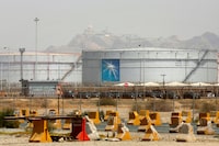FILE - Storage tanks are seen at the North Jiddah bulk plant, an Aramco oil facility, in Jiddah, Saudi Arabia, on March 21, 2021. (AP Photo/Amr Nabil, File)