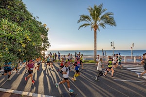 The Alpes-Maritimes Marathon course goes from Nice to Cannes and almost the entire 42.2 kilometre route is along the coast of the Mediterranean Sea.