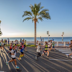 The Alpes-Maritimes Marathon course goes from Nice to Cannes and almost the entire 42.2 kilometre route is along the coast of the Mediterranean Sea.