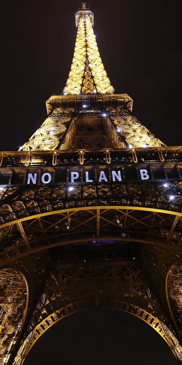 The Eiffel Tower in Paris displays the message 'No plan B' during the United Nations Climate Conference on Climate Change in 2015.