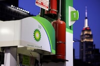 FILE PHOTO: The BP logo is seen at a BP gas station in Manhattan, New York City, U.S., November 24, 2021. REUTERS/Andrew Kelly/File Photo