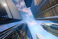 Toronto's financial district skyline in the city downtown near Yonge and King intersection, Stock Exchange and banking plaza.