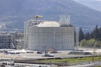 A view of the 
Liquefied natural gas storage tank at the LNG Canada export terminal in Kitimat, British Columbia on Wednesday, April 30, 2025.  (Aaron Whitfield/The Globe and Mail)