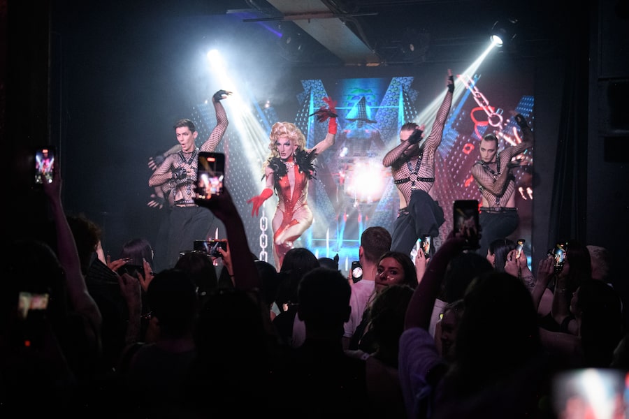 Vladyslav Hanzha performs for an excited crowd during the Saturday night drag show at the Portum Club in Kyiv.