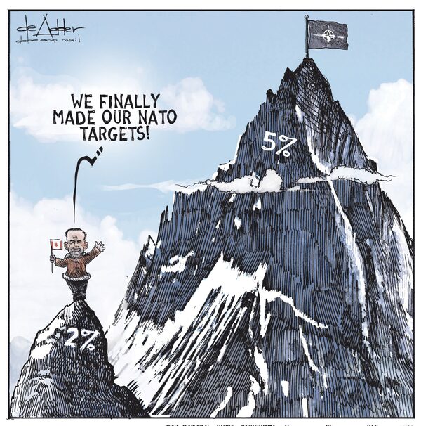 Editorial cartoon by Michael de Adder published June 16, 2025. WE FINALLY MADE OUR NATO TARGETS!