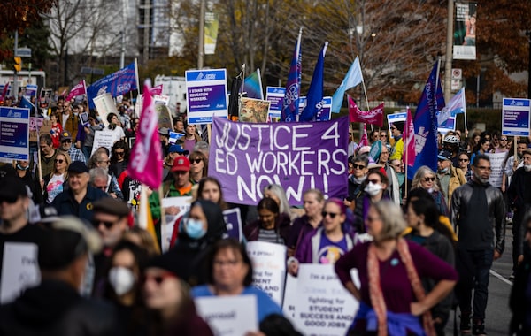 CUPE members picket at Queen’s Park in Toronto when education support workers across Ontario walked off the job on Friday. Many schools in Ontario are closed as union members including education assistants, librarians and custodians, took the job action  after the Ford government imposed a contract on 55,000 members.