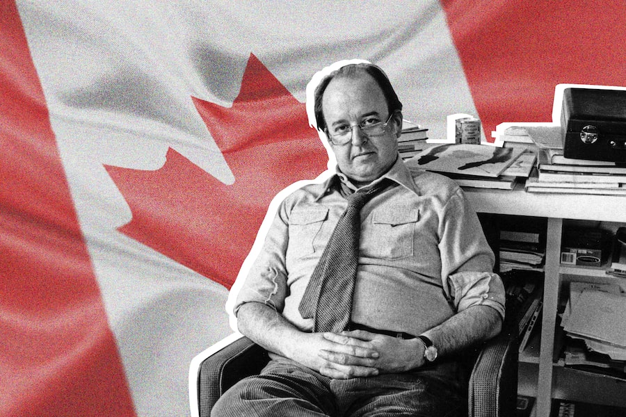 Robert Fulford, editor of Saturday Night magazine, in his office, December 1, 1977