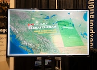 Maps and renderings of Denison Mines Corp’s mines are shown on a monitor the at the PDAC convention in Toronto on Mar 3, 2026. (Fred Lum/The Globe and Mail)