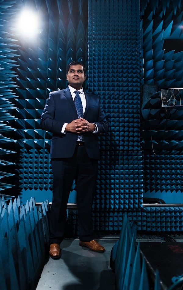 An anechoic chamber, built to muffle or control electromagnetic waves, helps Ashwin Iyer and his University of Alberta colleagues test new technology. The chamber’s current occupant is a waveguide horn antenna.