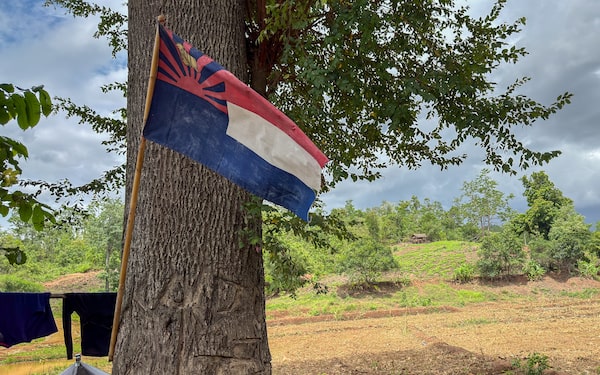The flag of the Karen National Union, seen flying at a checkpoint south of Myawaddy, a town the ethnic armed group seized from the military junta in April 2024.