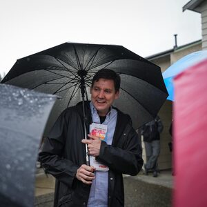 B.C. NDP Leader David Eby speaks to supporters during a campaign stop in Coquitlam, B.C., on Friday, October 18, 2024. THE CANADIAN PRESS/Darryl Dyck