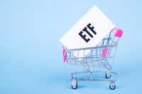 A card with text ETF in shopping trolley, business concept