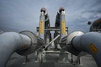Piping is seen on the top of a receiving platform which will be connected to the Coastal GasLink natural gas pipeline terminus at the LNG Canada export terminal under construction, in Kitimat, B.C., on Wednesday, Sept. 28, 2022. THE CANADIAN PRESS/Darryl Dyck