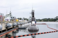 The Republic of Korea Navy KSS-III, known as Dosan Ahn Chang-ho submarine is docked during a welcome ceremony at CFB Esquimalt in Esquimalt, B.C., on Monday, May 25, 2026. THE CANADIAN PRESS/Chad Hipolito