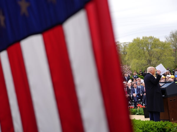 Touting the event as “Liberation Day”, U.S. President Donald Trump speaks during a “Make America Wealthy Again” trade announcement event in the Rose Garden at the White House on April 2, 2025.
