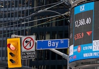 A sign displays the TSX close in Toronto in March, 2020. A stock’s inclusion in a major index can have a meaningful effect on share prices.