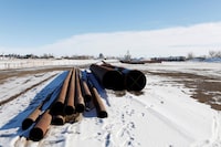 FILE PHOTO: A supply depot servicing the Keystone XL crude oil pipeline lies idle in Oyen, Alberta, Canada February 1, 2021.  REUTERS/Todd Korol/File Photo