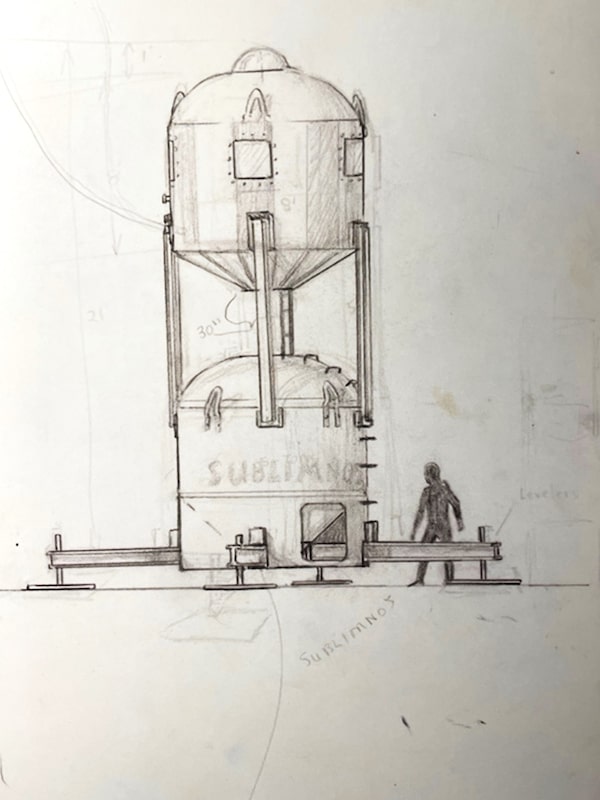 The sketch that 14 year old James Cameron drew of Joe MacInnis' real life submersible that he saw outside the ROM as a young boy.