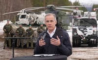 Prime Minister Mark Carney speaks at a news conference after a tour of the site of NATO Exercise Cold Response in Bardufoss, Norway, on March 13.