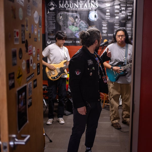 Principal Charlie Speicher leaves Jayk Shell and DeAndre DeRoche to jam at Buffalo Hide Academy in Browning, Mont., on Blackfeet Nation territory. Hear an excerpt from the session at the end of this article.