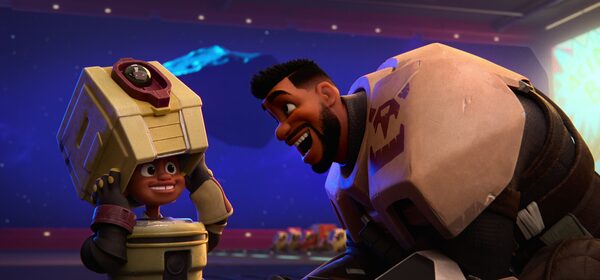 My Dad the Bounty Hunter (L to R) Jecobi Swain as Sean and Laz Alonso as Sabo Brok in My Dad the Bounty Hunter. Cr. COURTESY OF NETFLIX © 2023