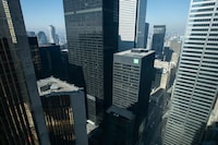 Office and bank towers in Toronto’s Financial District are seen from the 40th floor offices of mining company BHP on Mar 4, 2026.  